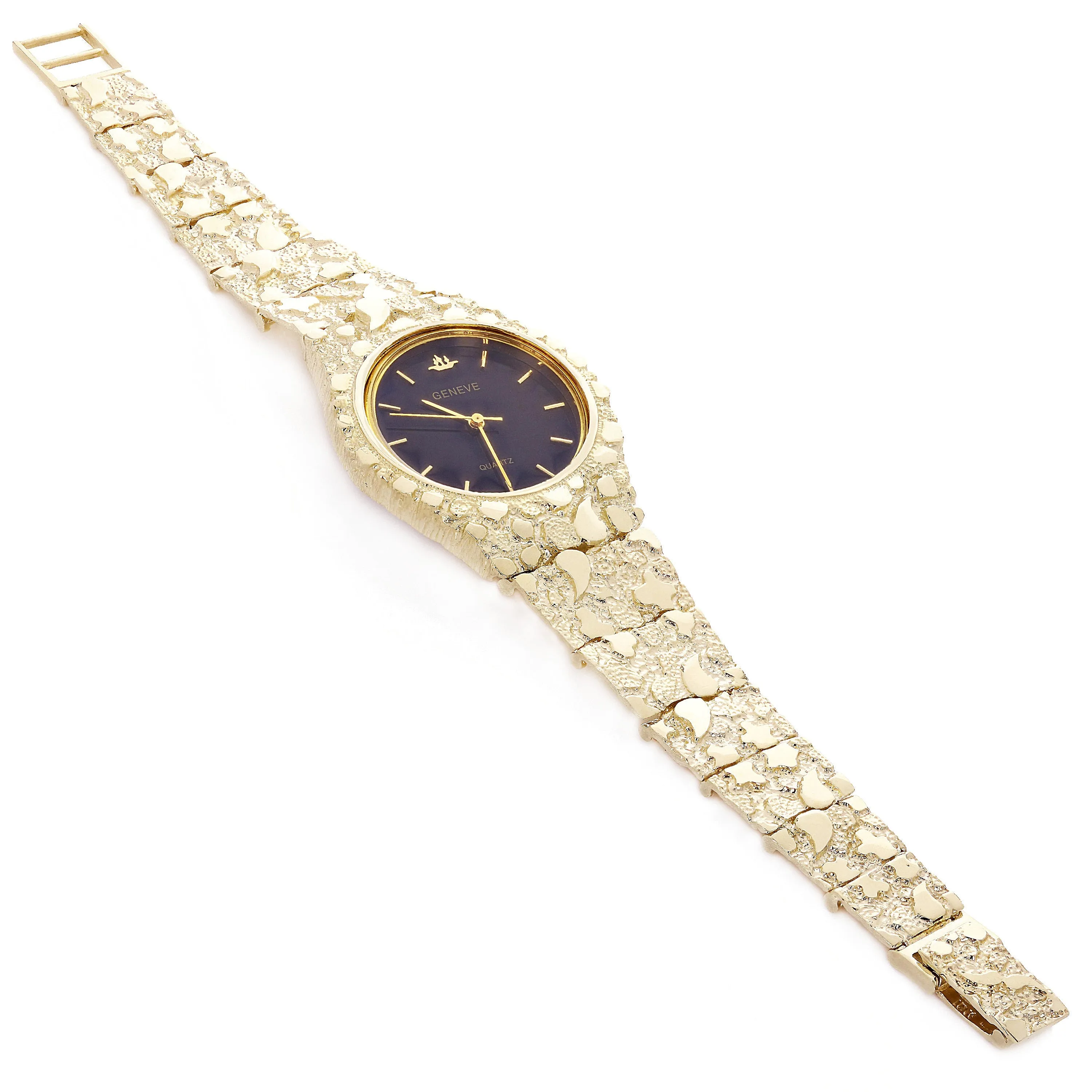10k Yellow Gold Nugget Link Geneve Diamond Wrist Watch 7-7.5" 47 grams