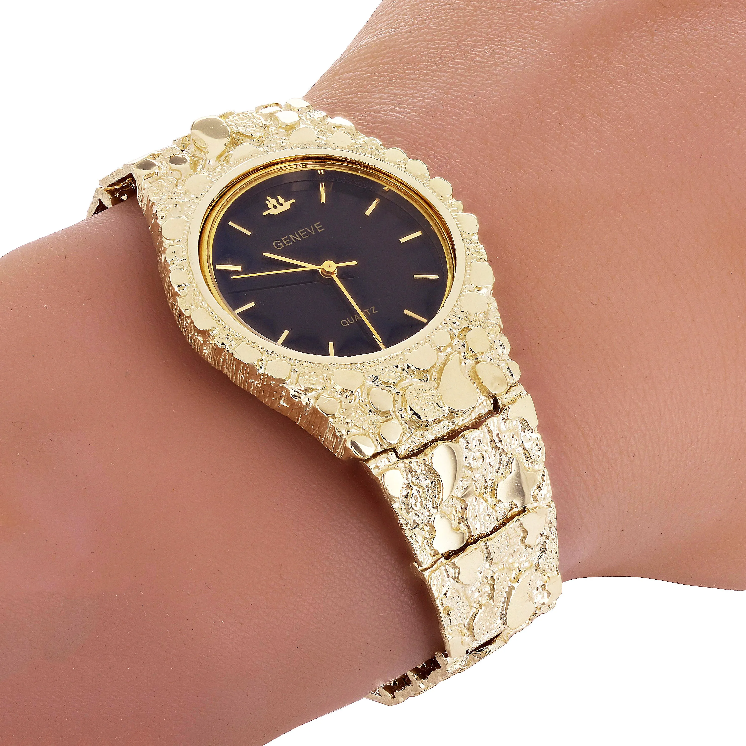 10k Yellow Gold Nugget Link Geneve Diamond Wrist Watch 7-7.5" 47 grams