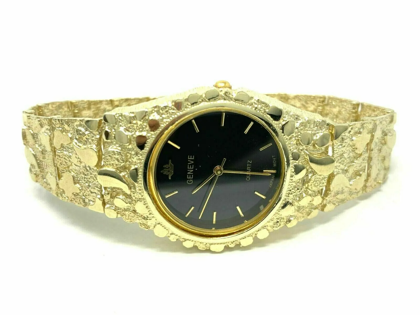 10k Yellow Gold Nugget Link Geneve Wrist Watch Adjustable 7.5-8" 50 grams