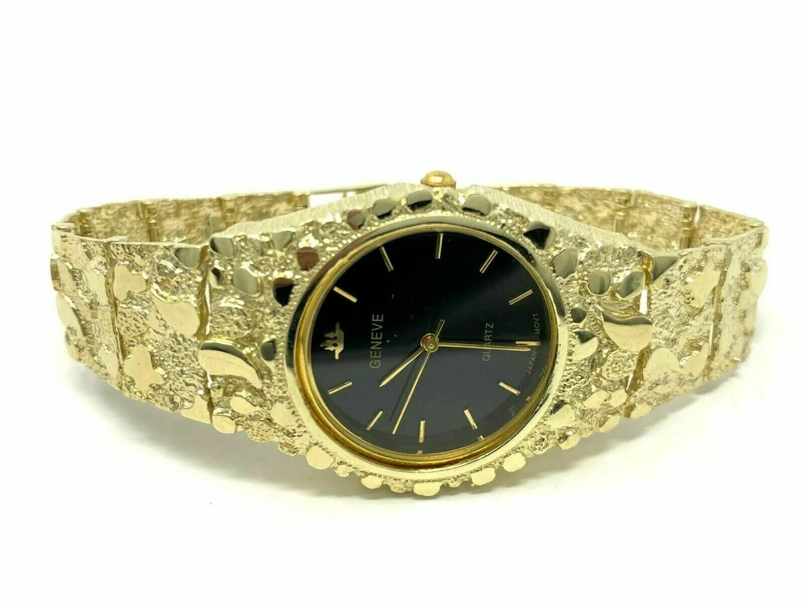 10k Yellow Gold Nugget Link Geneve Wrist Watch Adjustable 7.5-8" 50 grams