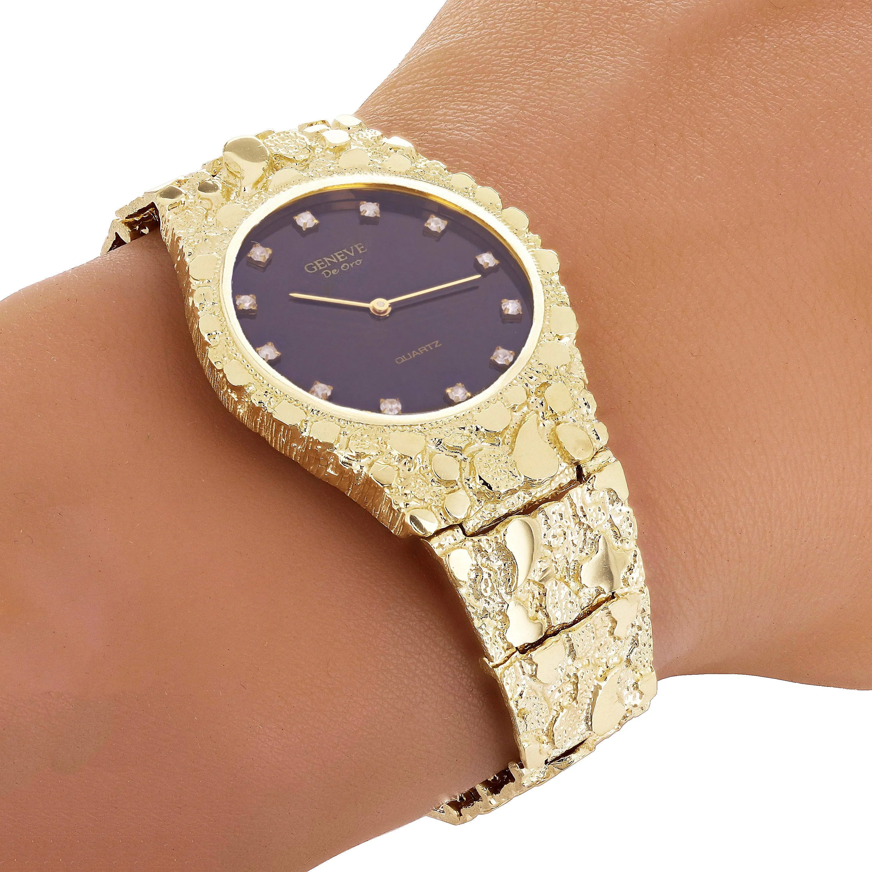 10k Yellow Gold Nugget Link Geneve Wrist Watch with Diamond 8-8.5" 53.7 grams