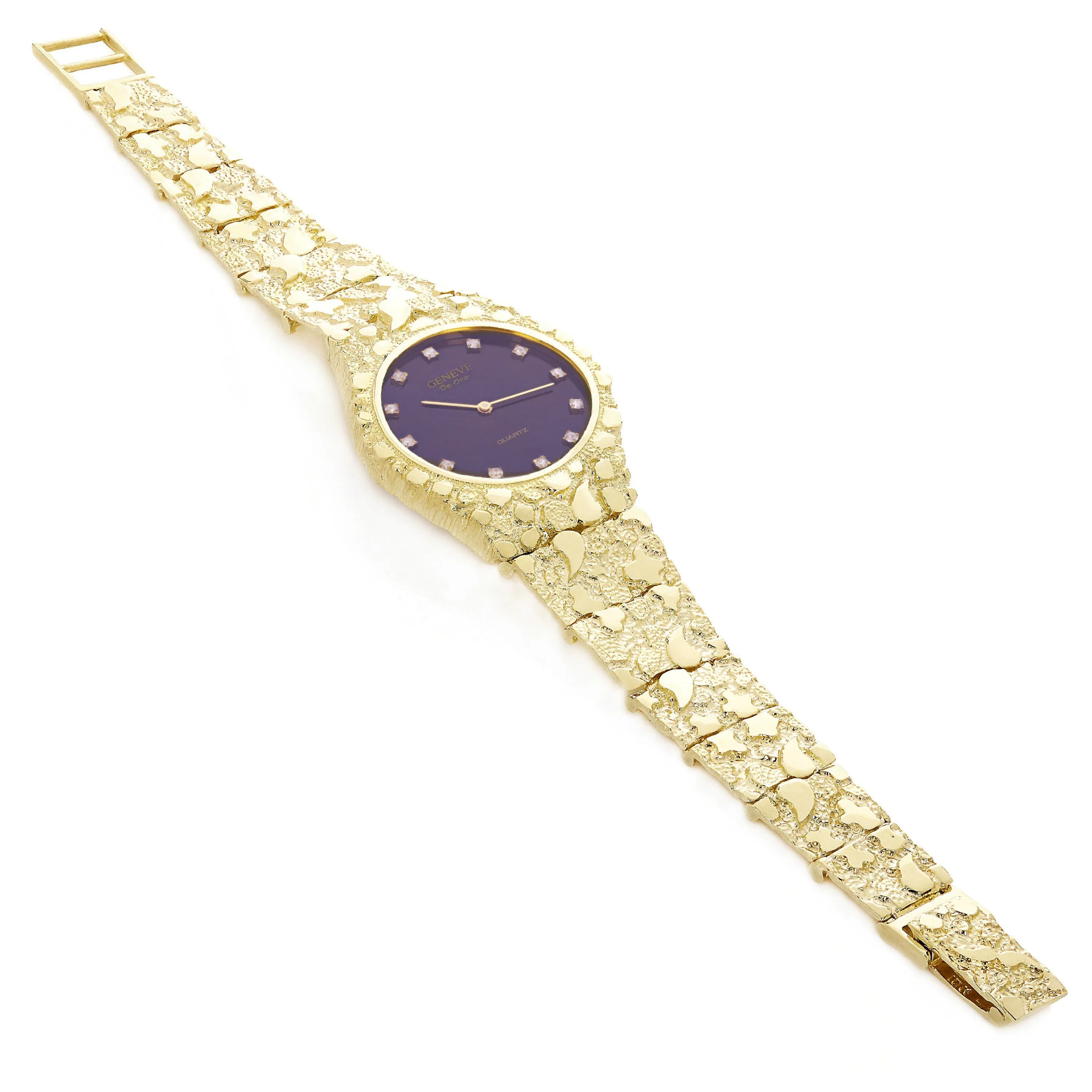 10k Yellow Gold Nugget Link Geneve Wrist Watch with Diamond 8-8.5" 53.7 grams
