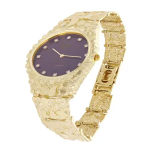 10k Yellow Gold Nugget Link Geneve Wrist Watch with Diamond 8-8.5" 53.7 grams