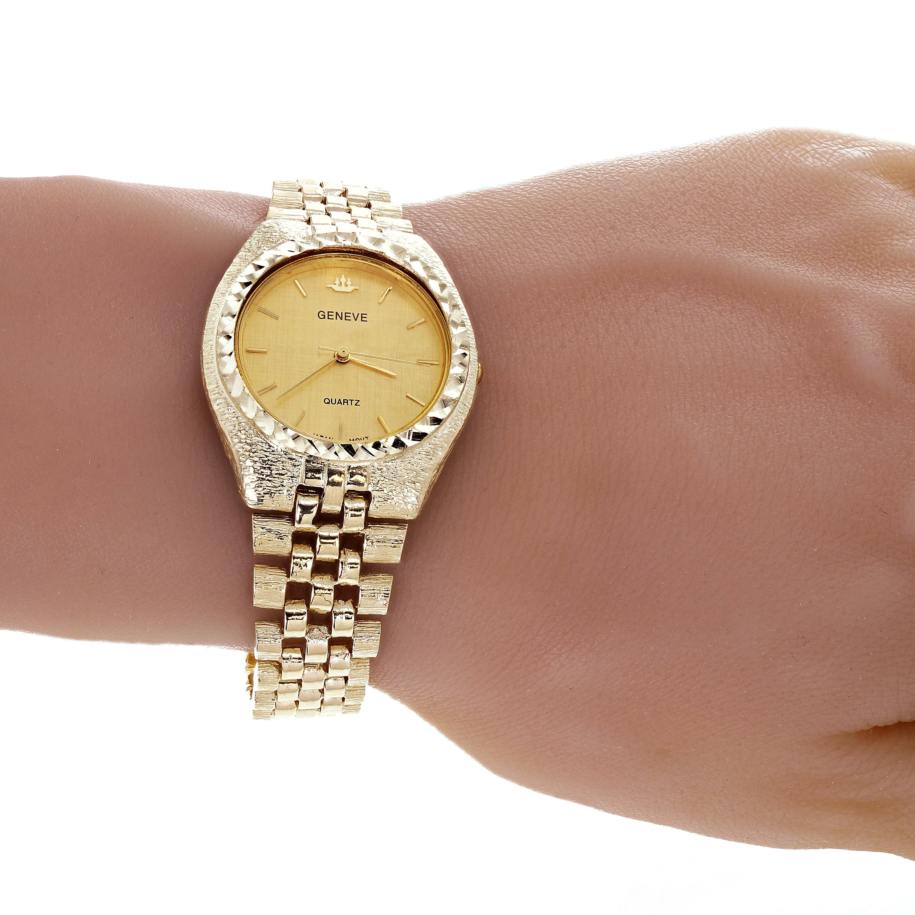 10k Yellow Gold Watch Link Wrist Band Bracelet with Geneve Watch 7-7.5" 43 grams