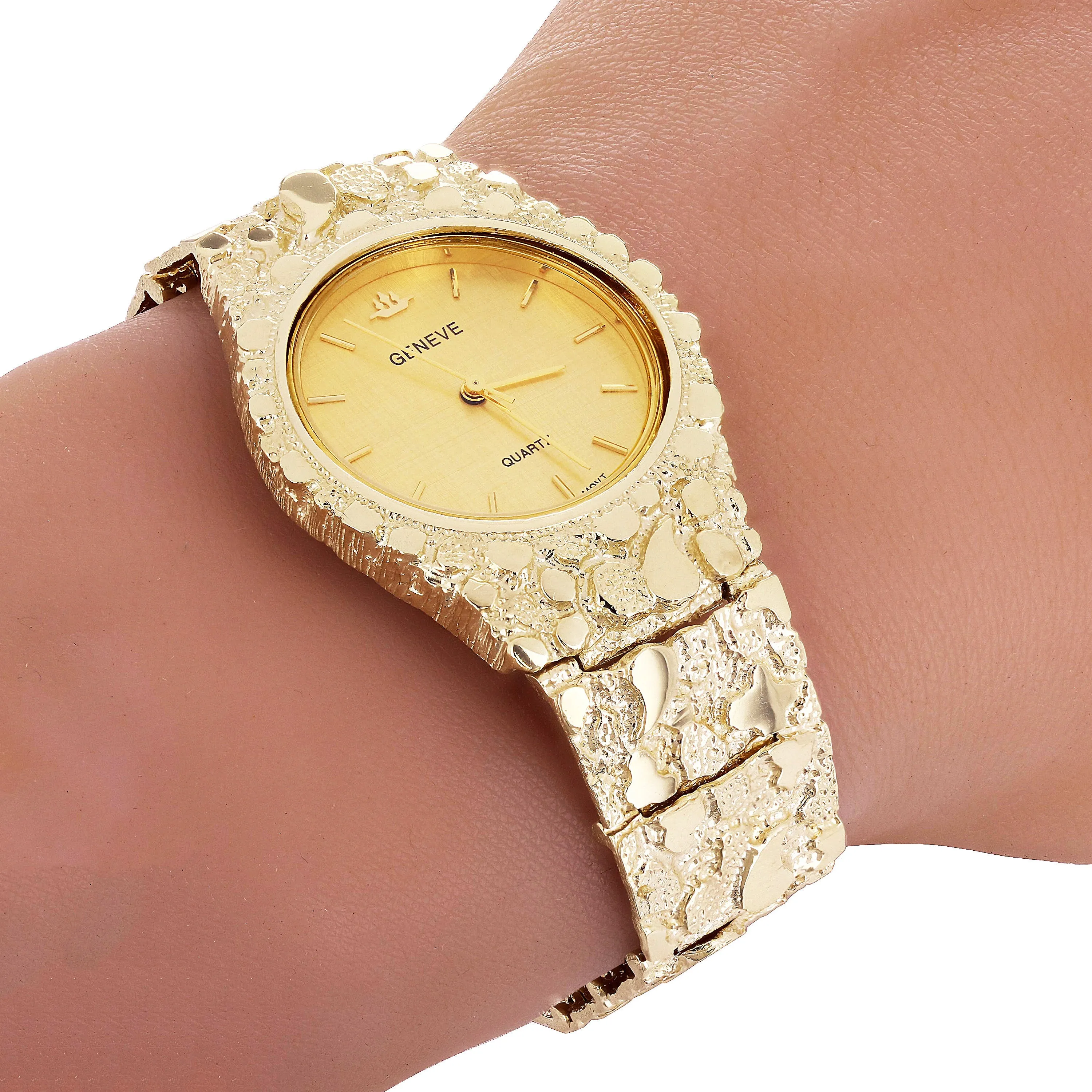 14k Yellow Gold Nugget Link Geneve Wrist Watch Straight Band Adj. 8.5-9" 85 gram