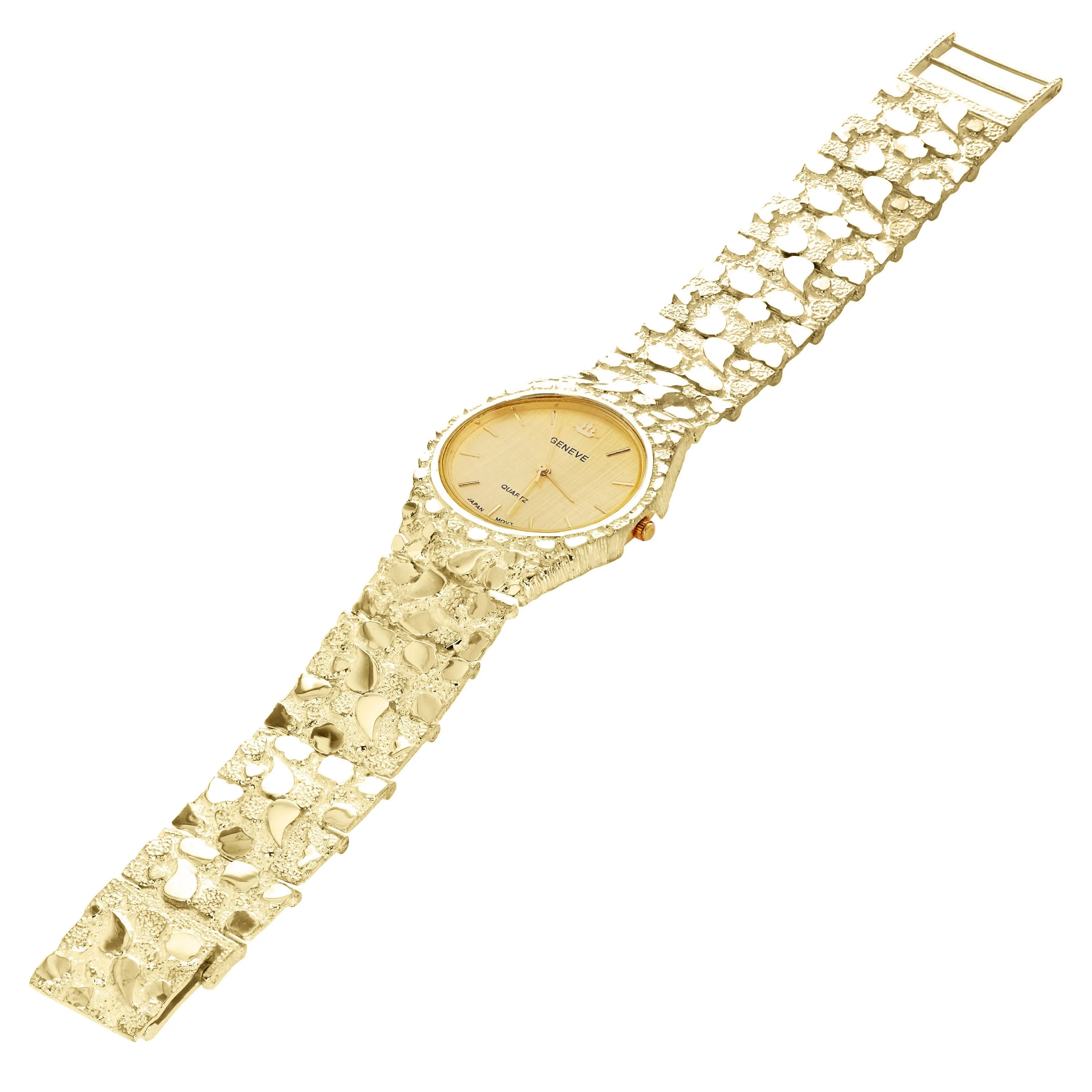 14k Yellow Gold Nugget Link Geneve Wrist Watch Straight Band Adj. 8.5-9" 85 gram