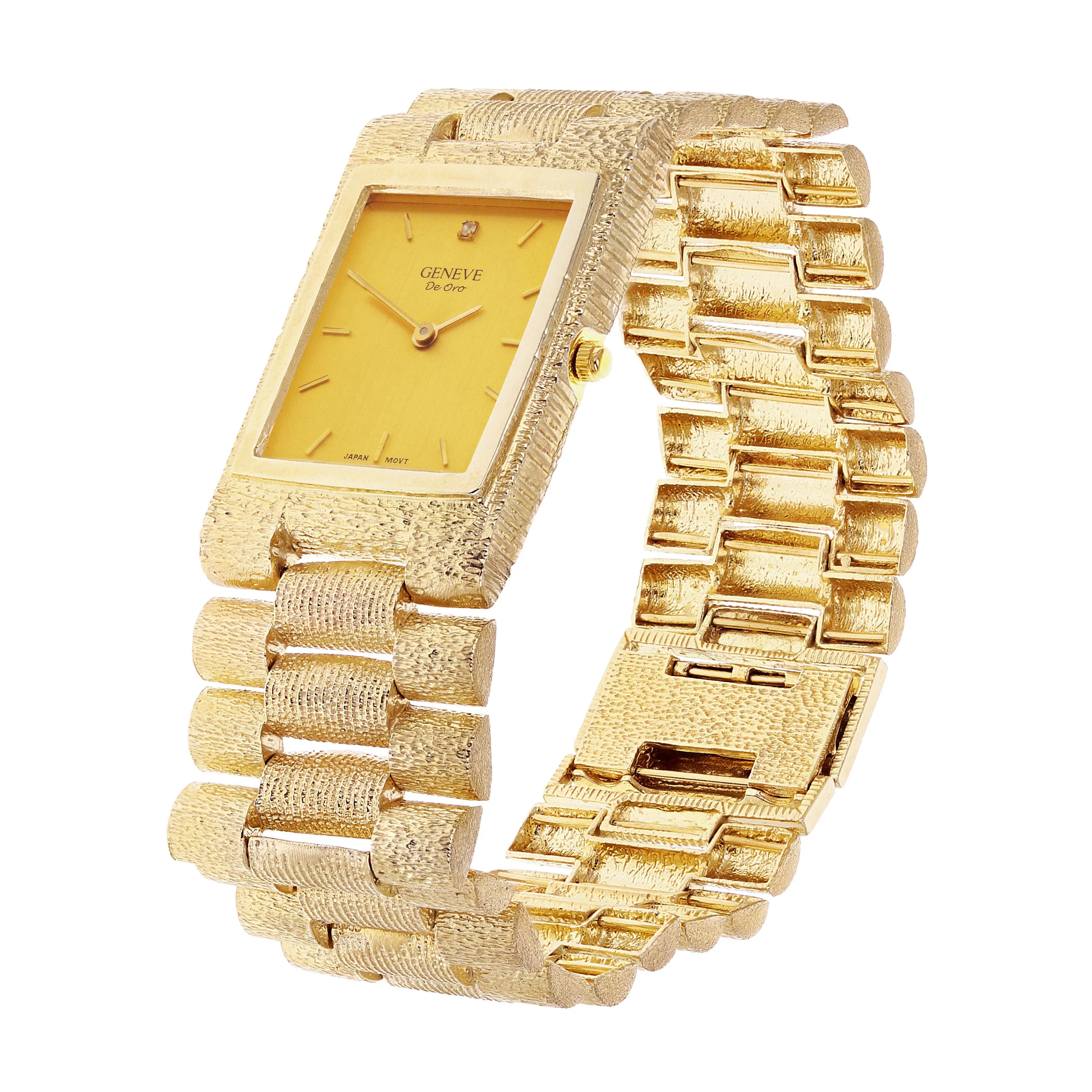 14k Yellow Gold Solid Watch Link Band Geneve w/ Diamond 8.5-9" 26.6mm 75.9 grams