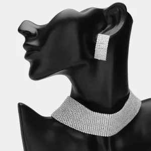 15 Row Rhinestone Choker Necklace Set on Silver | Homecoming Jewelry |  351953