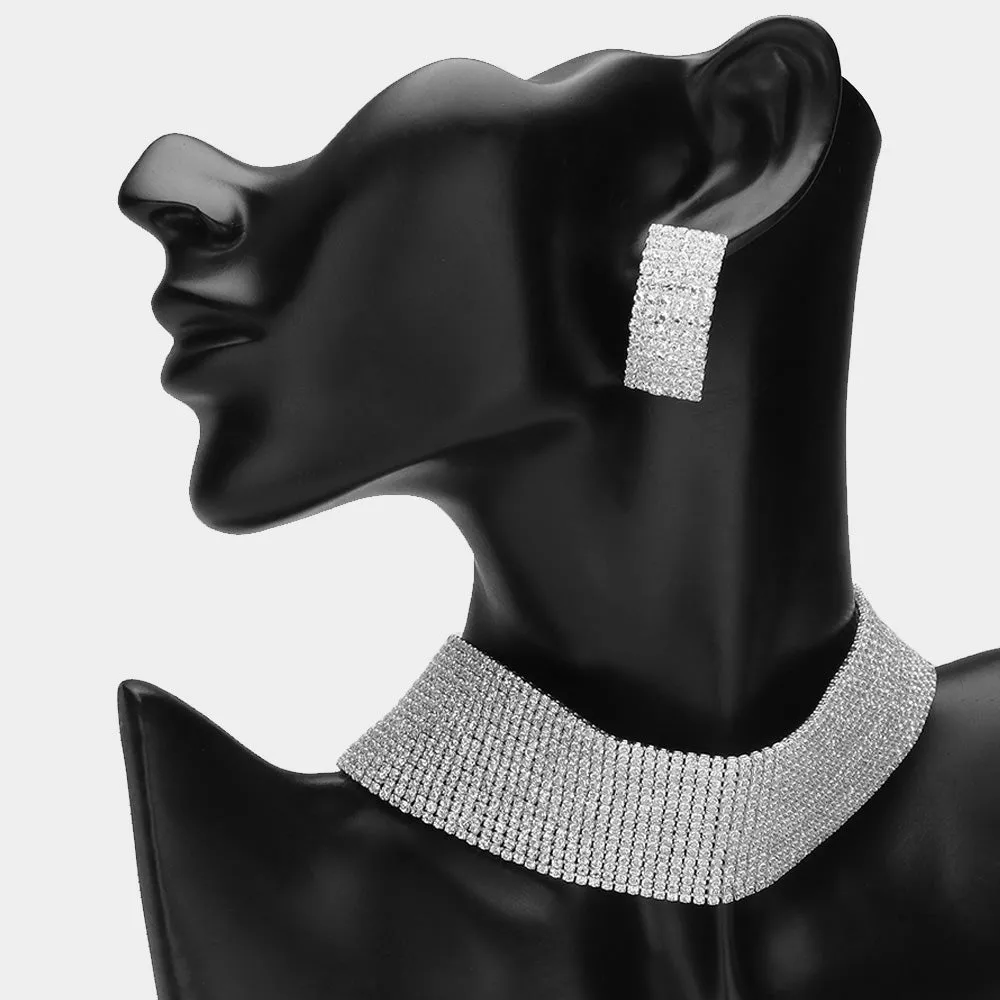 15 Row Rhinestone Choker Necklace Set on Silver | Homecoming Jewelry |  351953