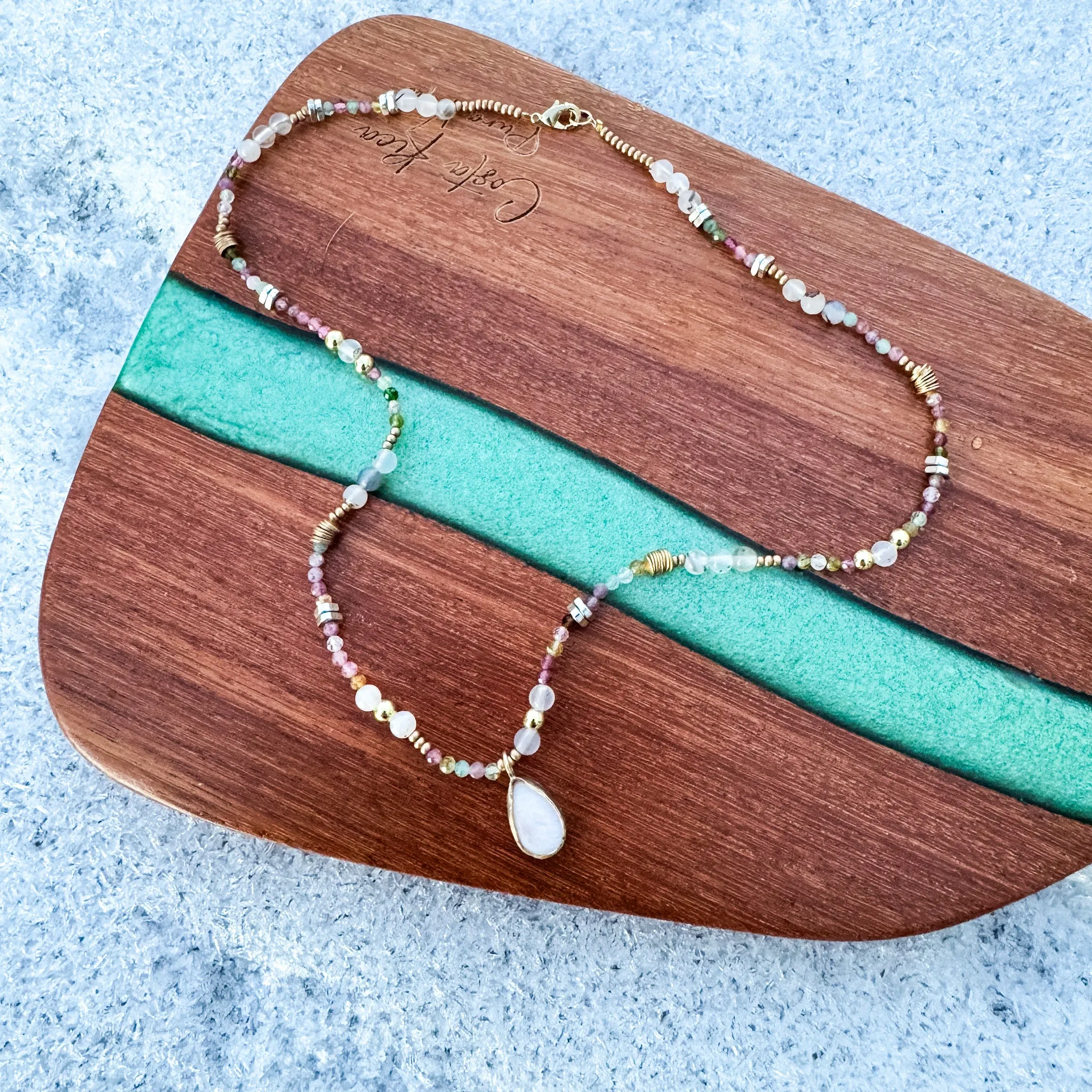 16" Watermelon Tourmaline Necklace with Mother of Pearl Pendant