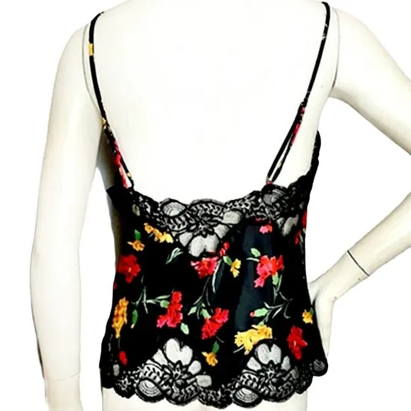 1990s Vintage Designer Black Flowers &amp; Lace Camisole Top By Oscar De La Renta