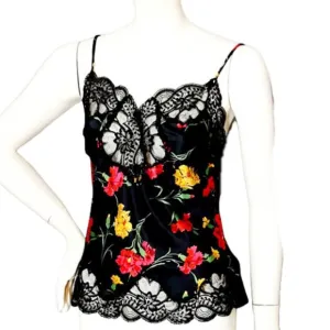 1990s Vintage Designer Black Flowers &amp; Lace Camisole Top By Oscar De La Renta