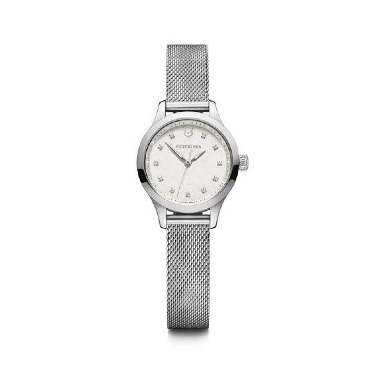 28MM STEEL ALLIANCE XS, WHITE DIAL WITH SWAROVSKI CRYSTALS. MESH BRACELET.