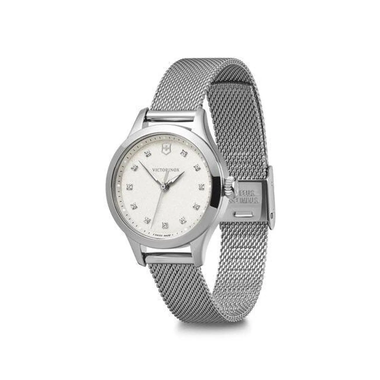 28MM STEEL ALLIANCE XS, WHITE DIAL WITH SWAROVSKI CRYSTALS. MESH BRACELET.
