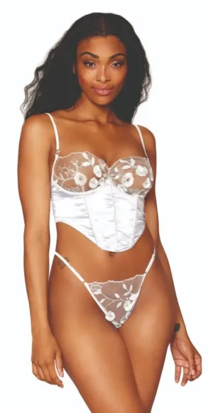 3D Embroidery Satin Bustier and G-String Lingerie Set