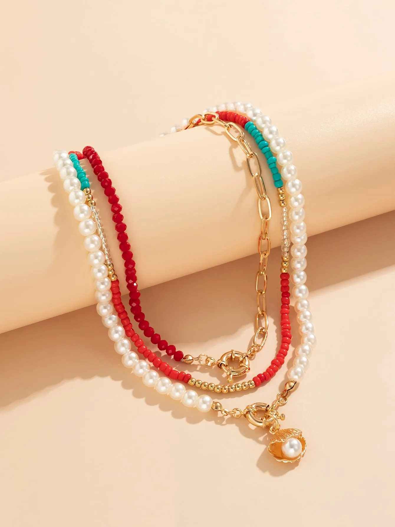 3pcs Faux Pearl Decor Shell Charm Necklace - Multicolor