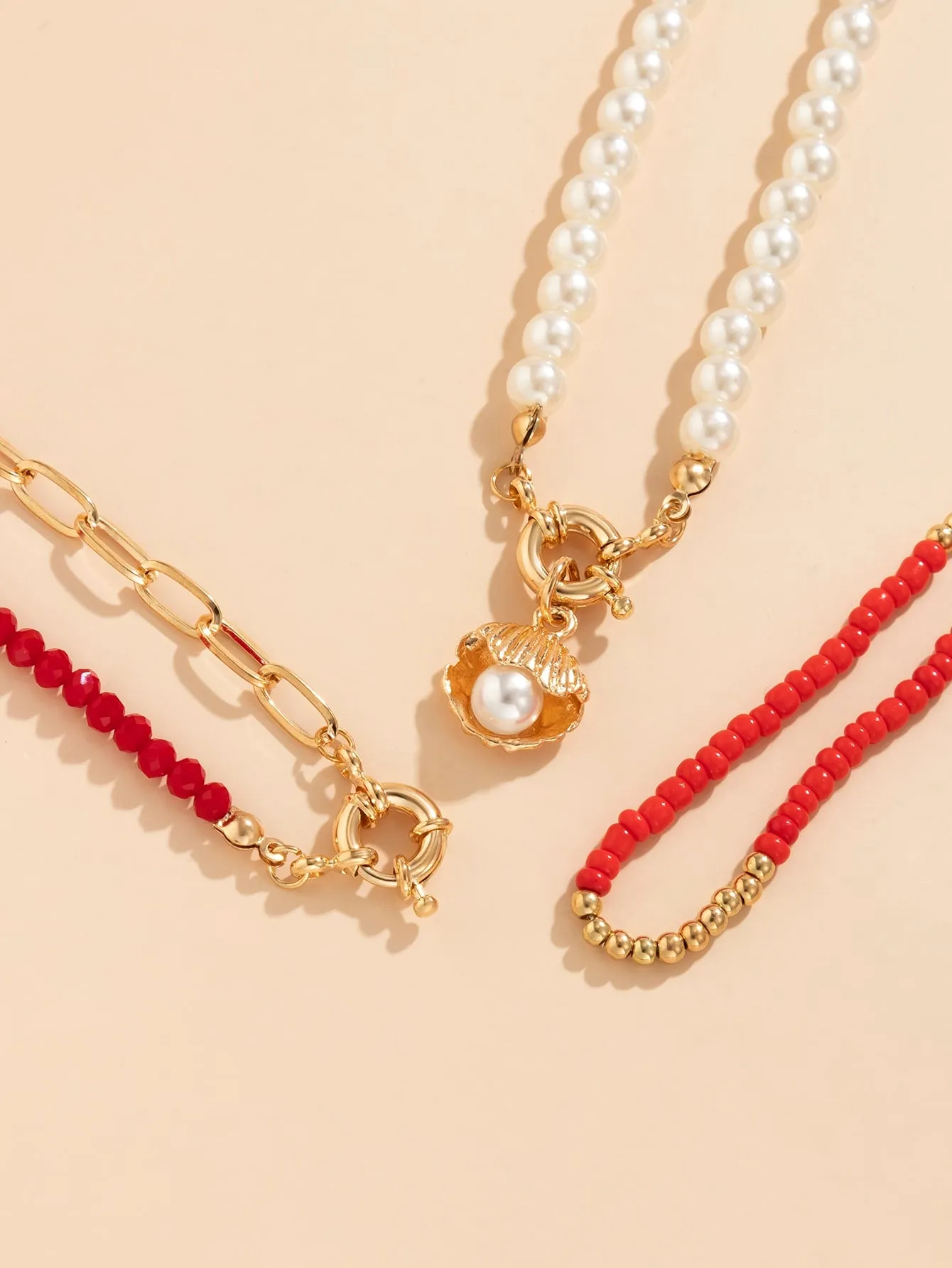 3pcs Faux Pearl Decor Shell Charm Necklace - Multicolor