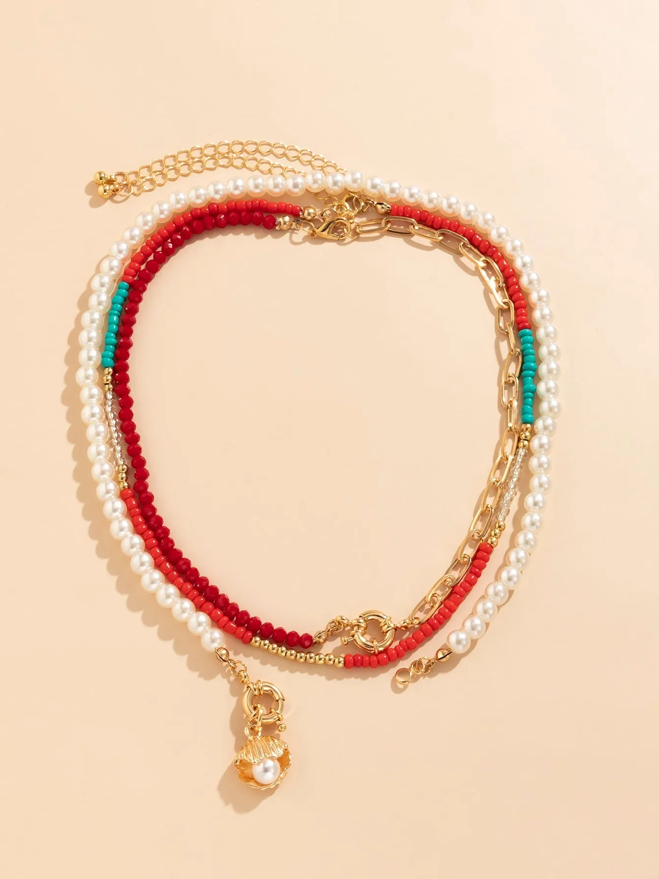 3pcs Faux Pearl Decor Shell Charm Necklace - Multicolor