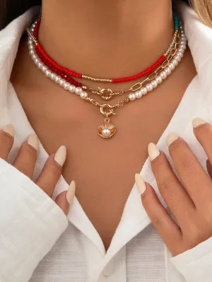 3pcs Faux Pearl Decor Shell Charm Necklace - Multicolor