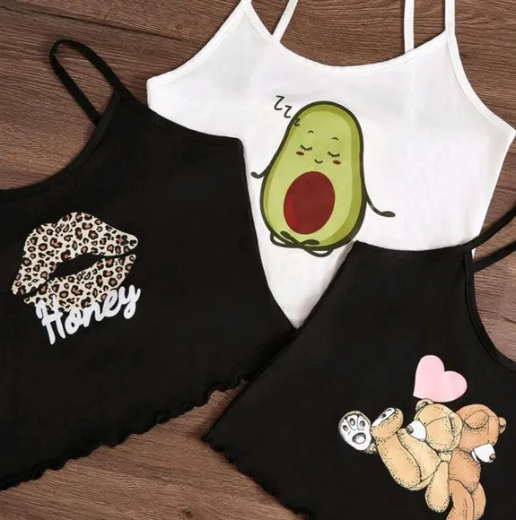 3pcs/Set Cartoon Print Camisole &amp; Shorts Pajama Set