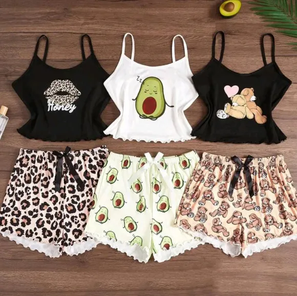 3pcs/Set Cartoon Print Camisole &amp; Shorts Pajama Set