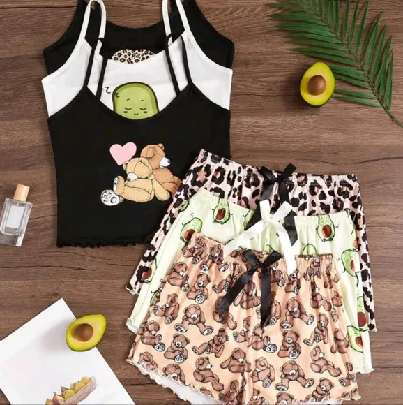 3pcs/Set Cartoon Print Camisole &amp; Shorts Pajama Set
