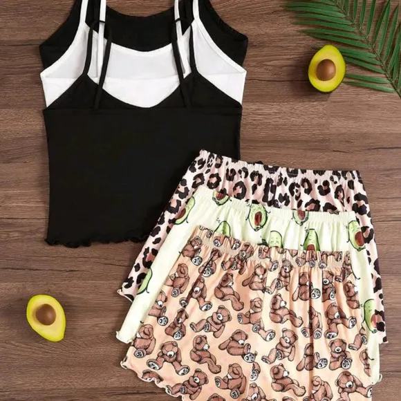 3pcs/Set Cartoon Print Camisole &amp; Shorts Pajama Set