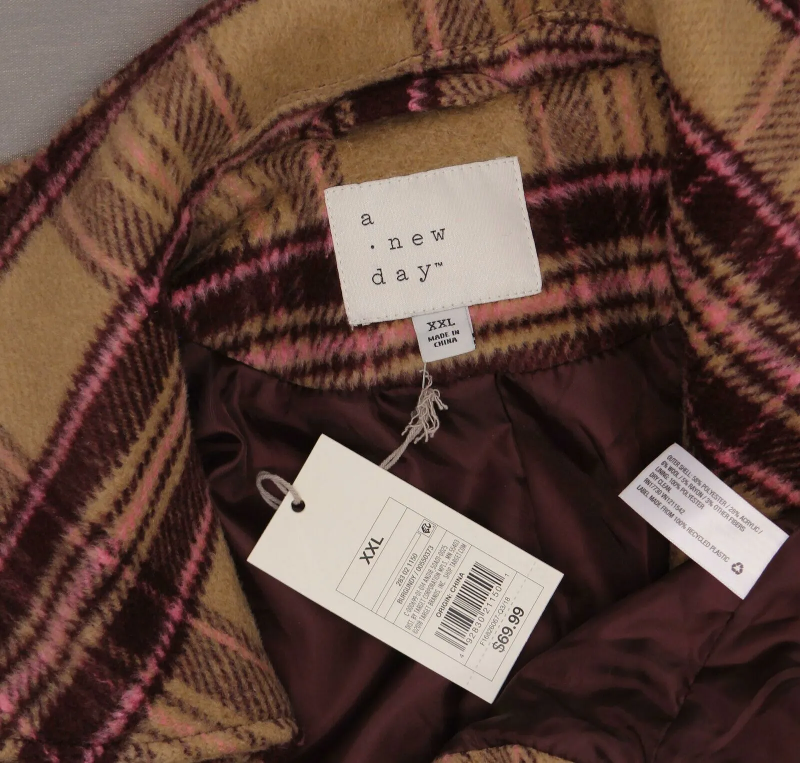 A New Day Plaid Long Overcoat Wrap Coat Camel / Burgundy Plaid 2XL