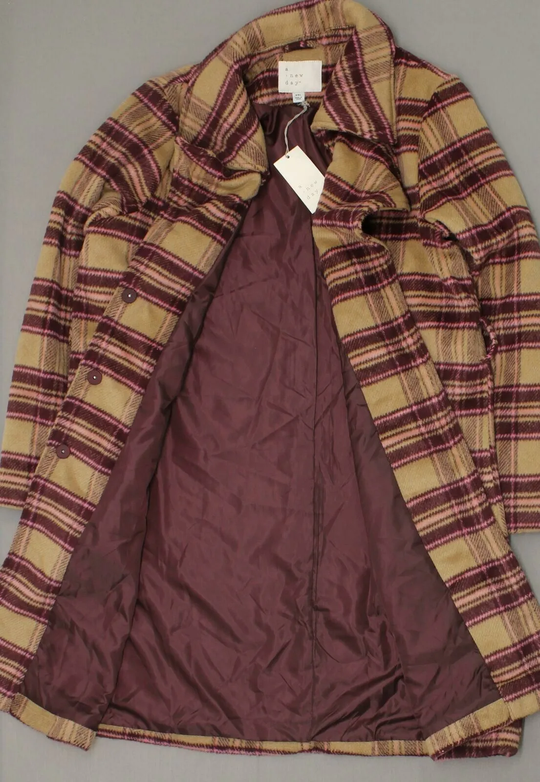 A New Day Plaid Long Overcoat Wrap Coat Camel / Burgundy Plaid 2XL
