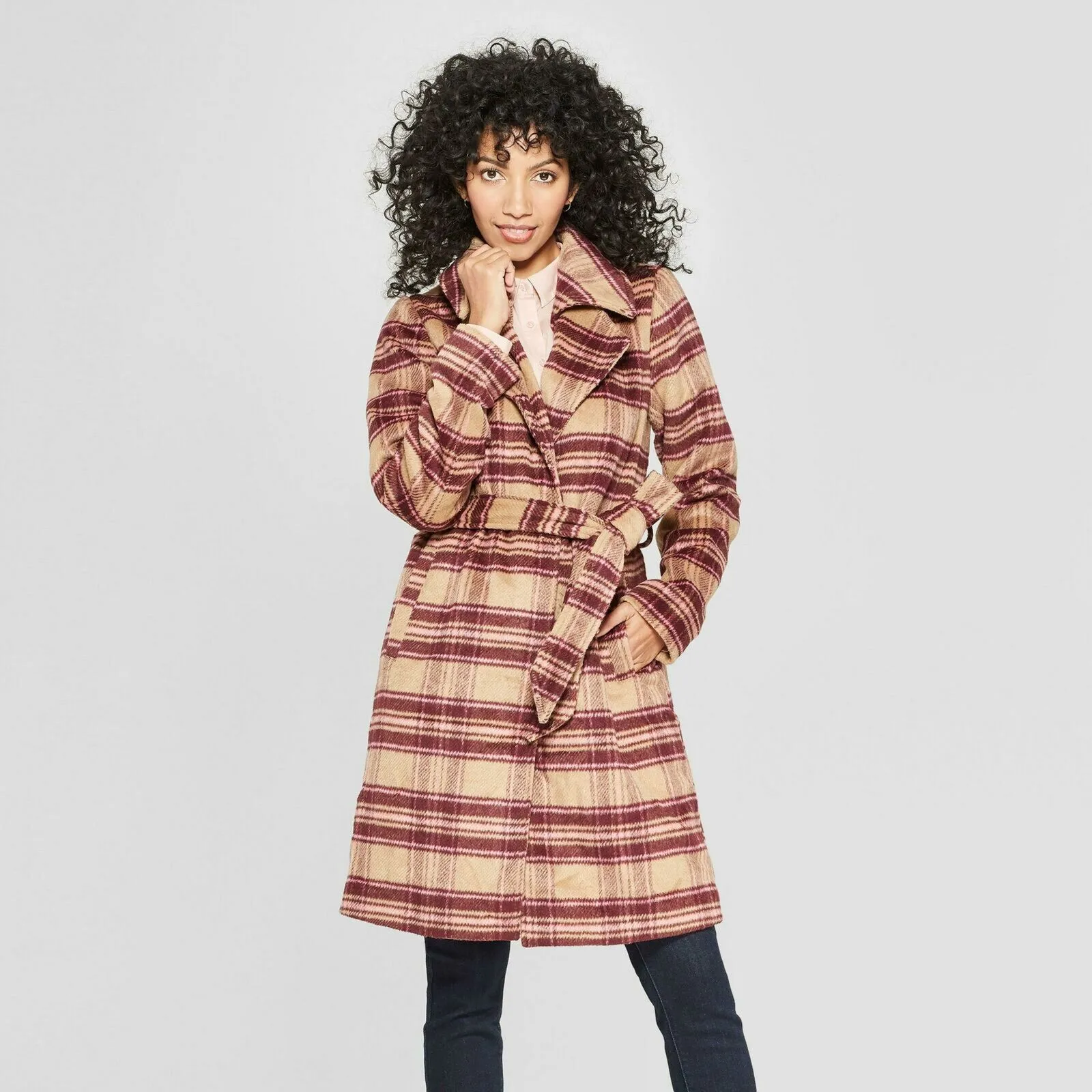 A New Day Plaid Long Overcoat Wrap Coat Camel / Burgundy Plaid 2XL