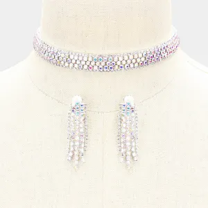 AB Crystal Rhinestone Choker with Matching Clip on Earrings  | Prom Jewelry | 401594