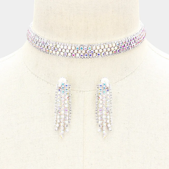AB Crystal Rhinestone Choker with Matching Clip on Earrings  | Prom Jewelry | 401594