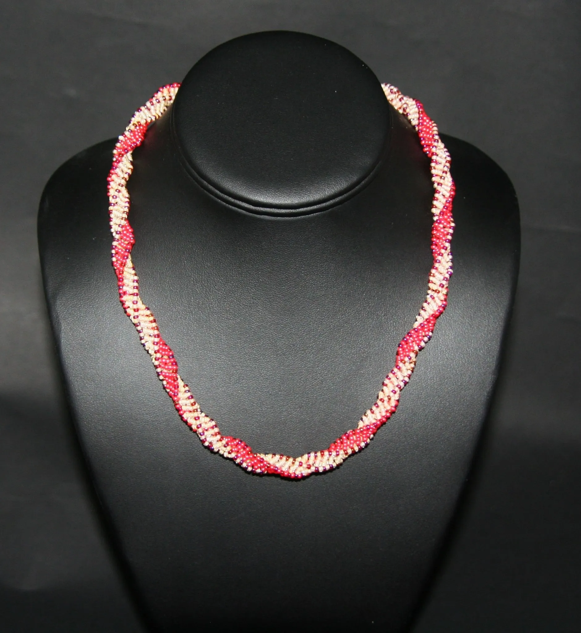 African Bead Spiral Twist Necklace Orange Mango Pearl and Burgundy Colors