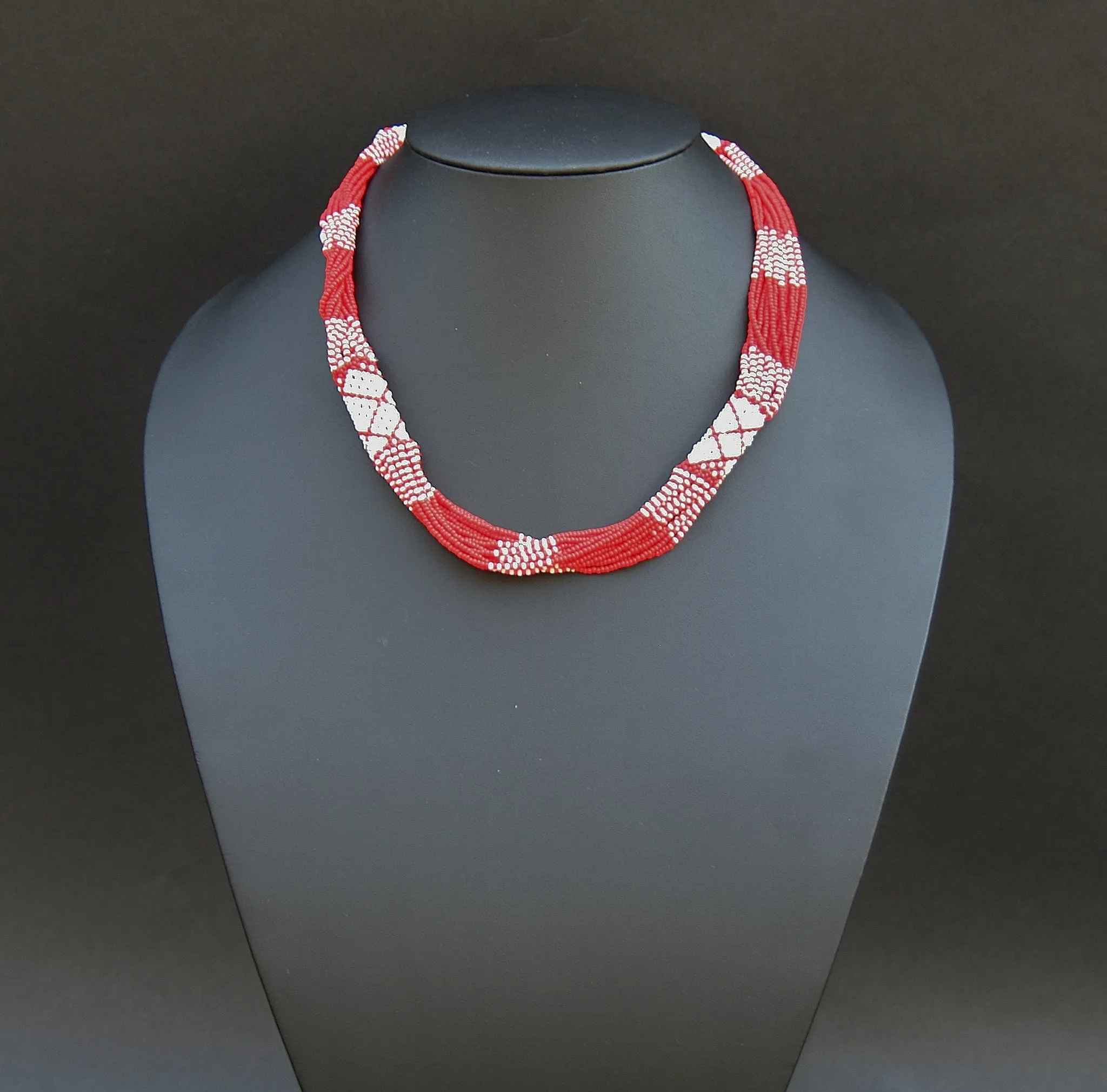 African Necklace Tribal Design Multistrand Red White Beads