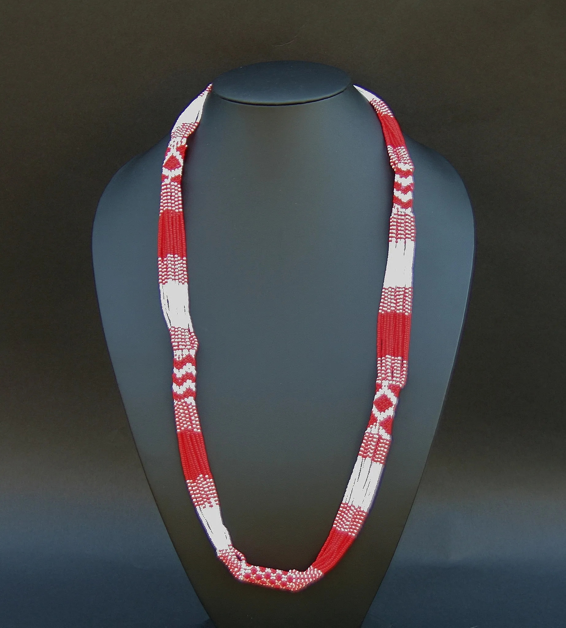 African Necklace Tribal Design Multistrand Red White Beads