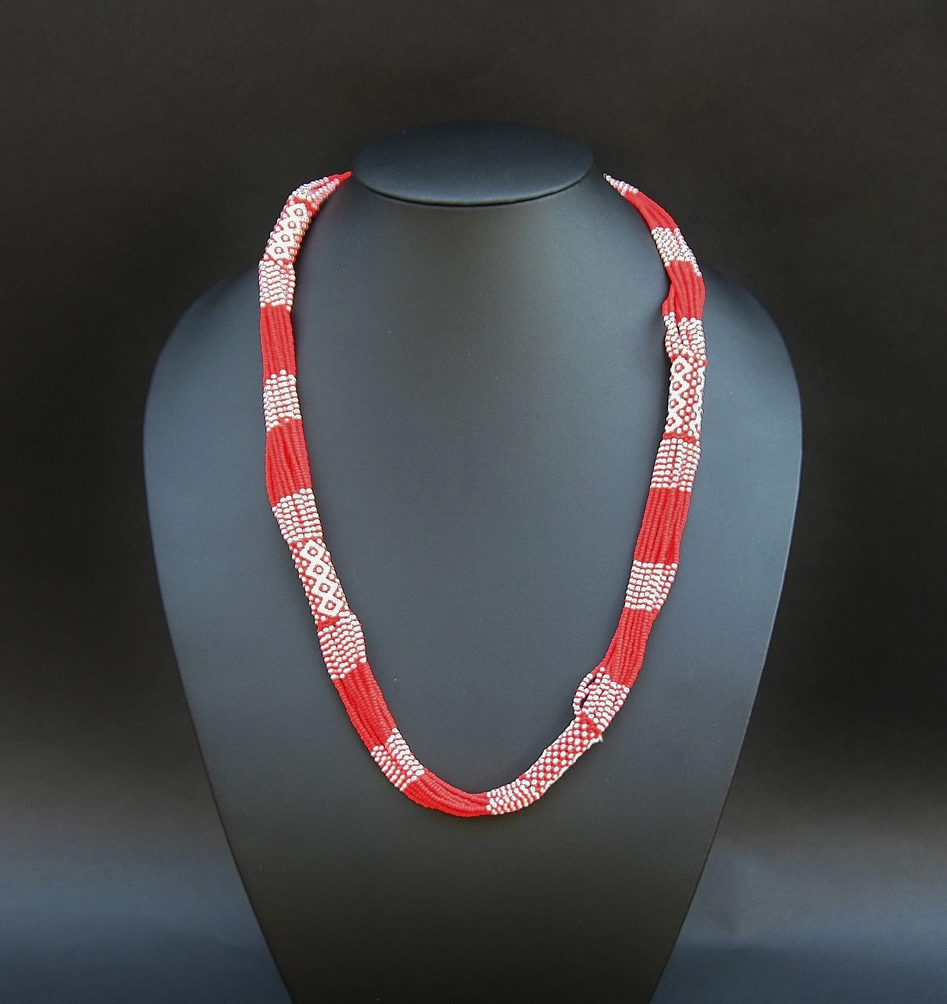African Necklace Tribal Design Multistrand Red White Beads