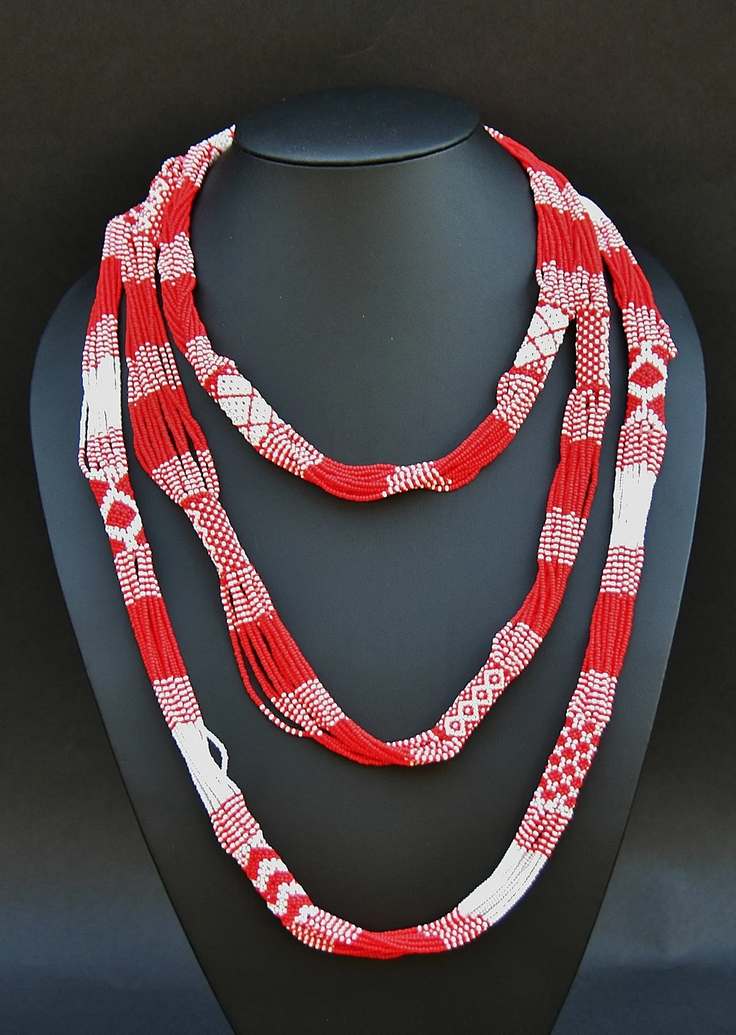 African Necklace Tribal Design Multistrand Red White Beads