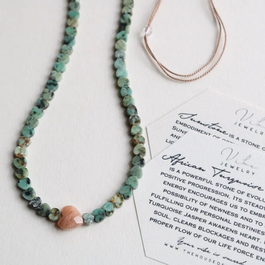 AFRICAN TURQUOISE JASPER & SUNSTONE HEART OM NECKLACE