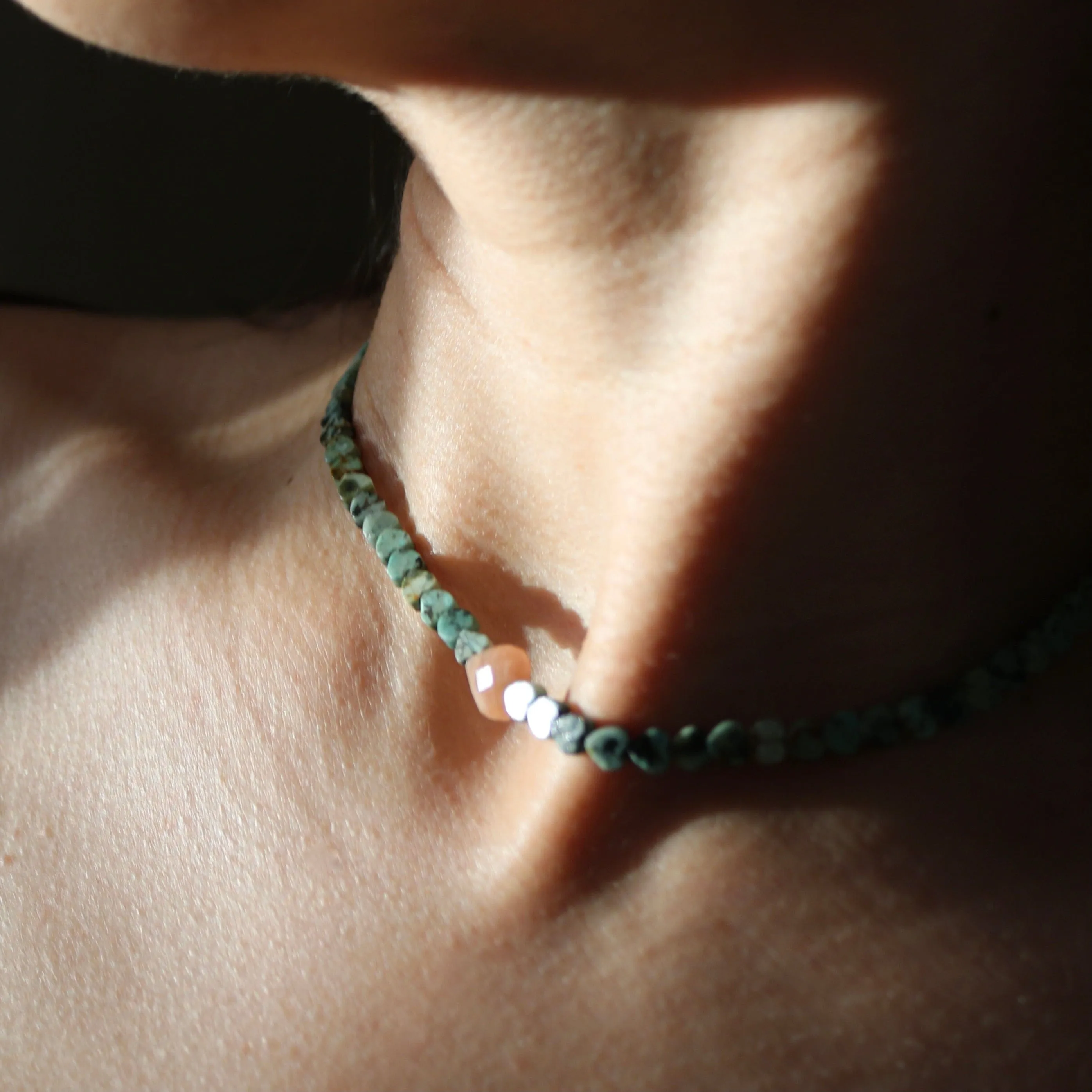AFRICAN TURQUOISE JASPER & SUNSTONE HEART OM NECKLACE