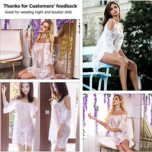 Avidlove Women Sexy Lingerie Cold Shoulder Eyelash Lace Babydoll(White,3XL)