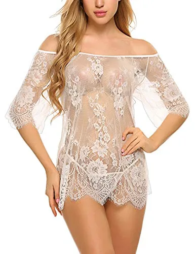 Avidlove Women Sexy Lingerie Cold Shoulder Eyelash Lace Babydoll(White,3XL)