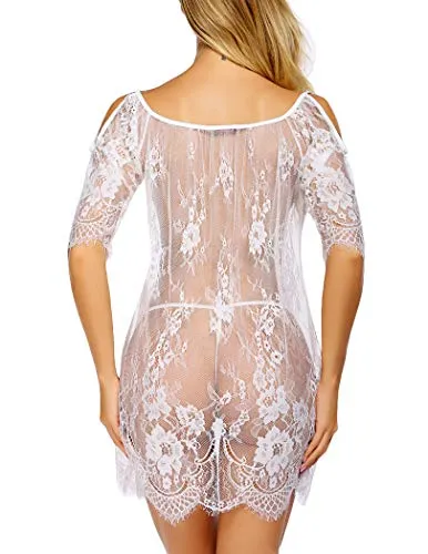Avidlove Women Sexy Lingerie Cold Shoulder Eyelash Lace Babydoll(White,3XL)