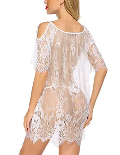 Avidlove Women Sexy Lingerie Cold Shoulder Eyelash Lace Babydoll(White,3XL)