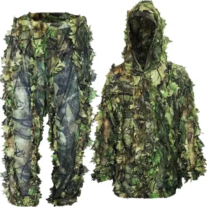 AYIN Ghillie Suit for Men, Hunting Suits for Men, 3D Leaf Bush Ghillie Suit Camo for Turkey Hunting, Woodland Gilly Suits, Hooded Gillies for Men or Youth Camo Hunting Suits (Green Leaf)