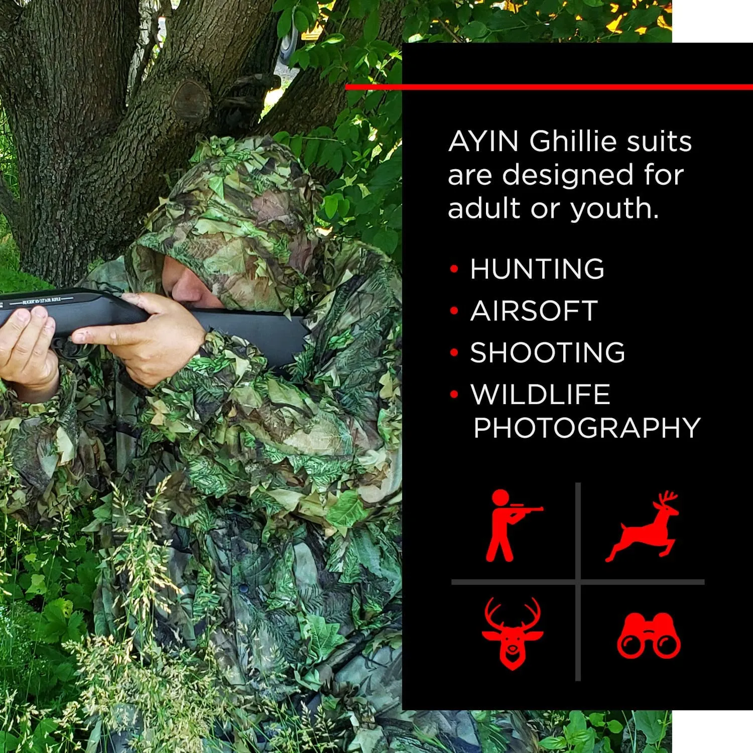 AYIN Ghillie Suit for Men, Hunting Suits for Men, 3D Leaf Bush Ghillie Suit Camo for Turkey Hunting, Woodland Gilly Suits, Hooded Gillies for Men or Youth Camo Hunting Suits (Green Leaf)