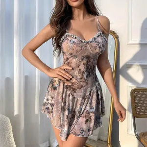 Baby doll Floral pleated camisole short skirt and nightgown Women pajama sexy lingerie for women push up adult sexy nights