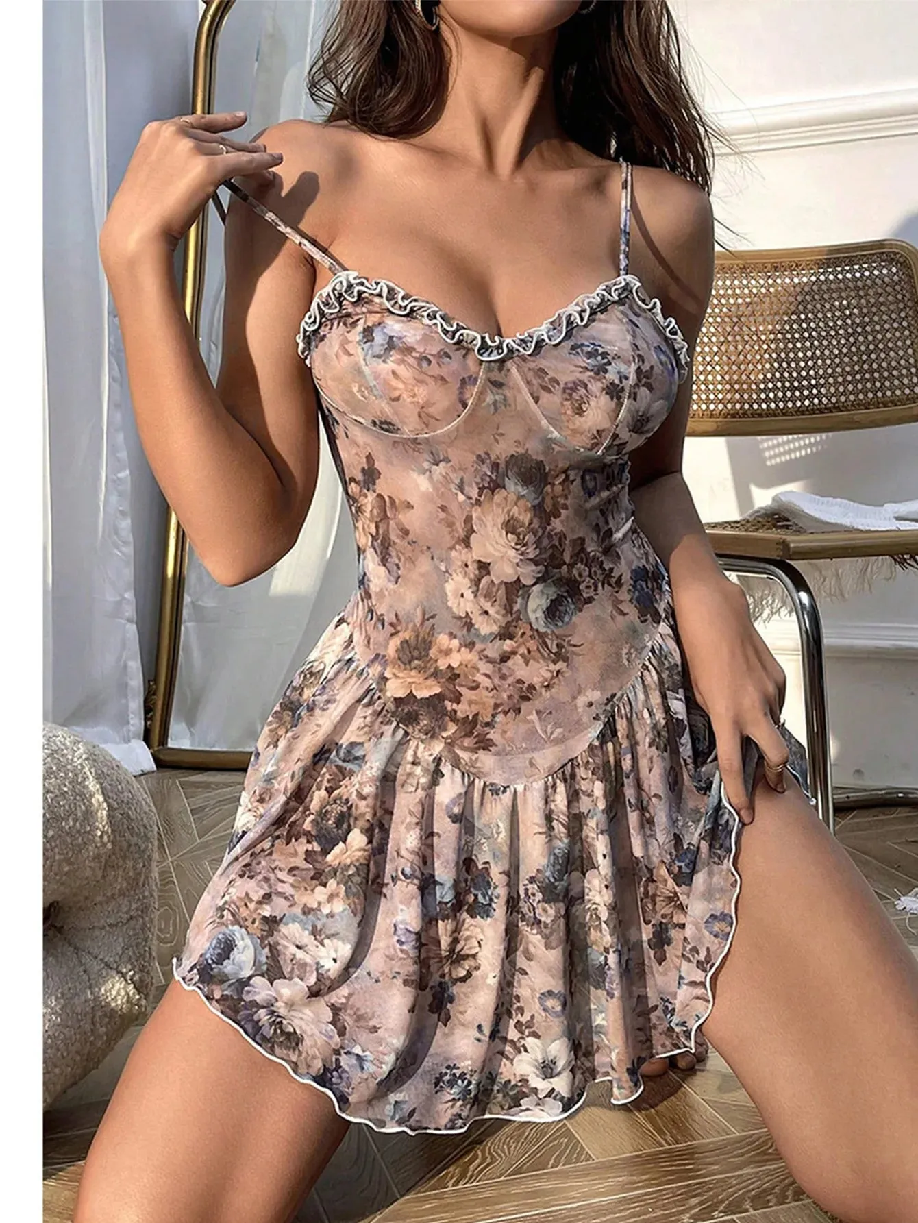 Baby doll Floral pleated camisole short skirt and nightgown Women pajama sexy lingerie for women push up adult sexy nights