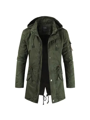 Back Slit Chest Logo Stand Collar Hooded Jacket Coat
