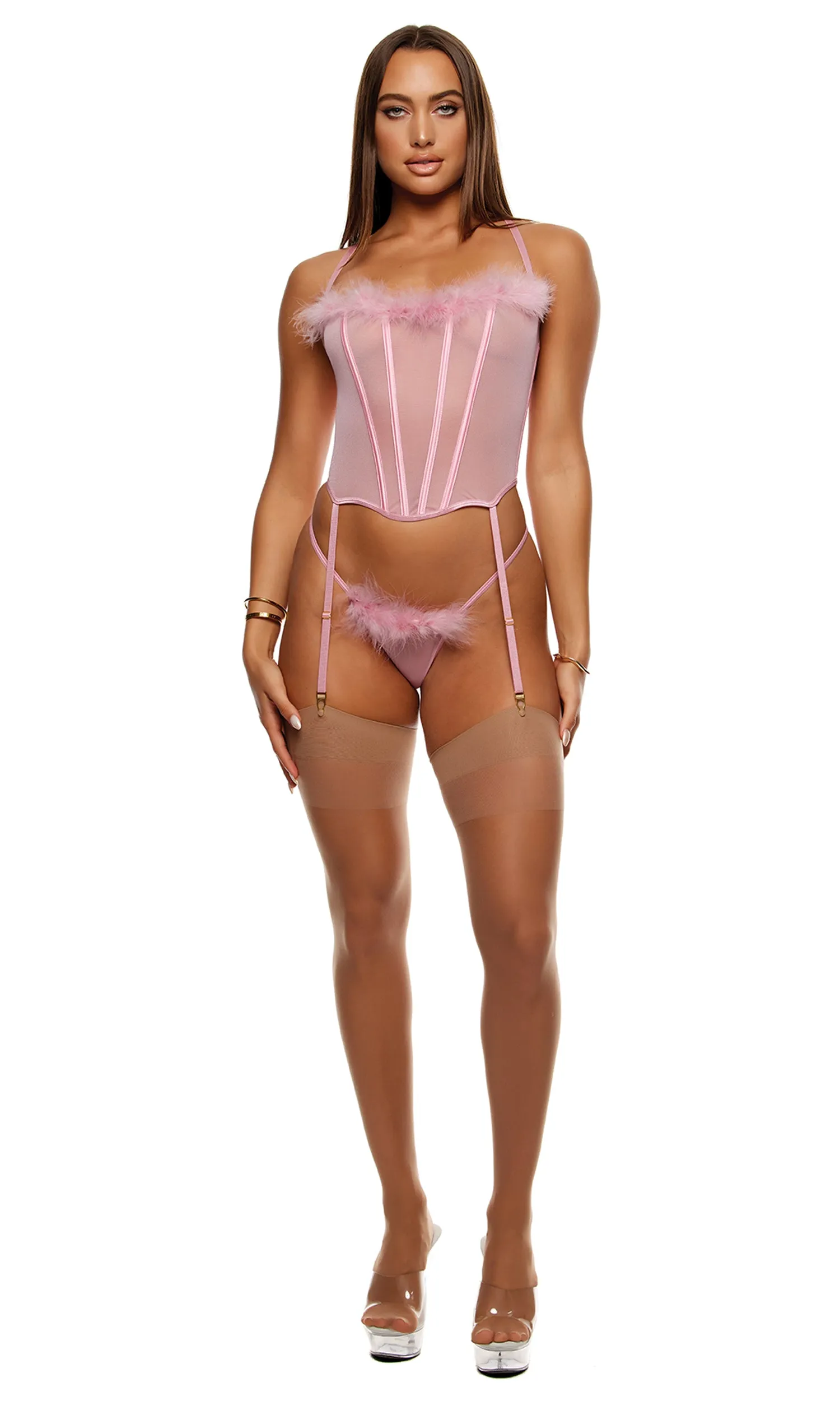 Bare It All Mesh Marabou Bustier Lingerie Set - Mauve