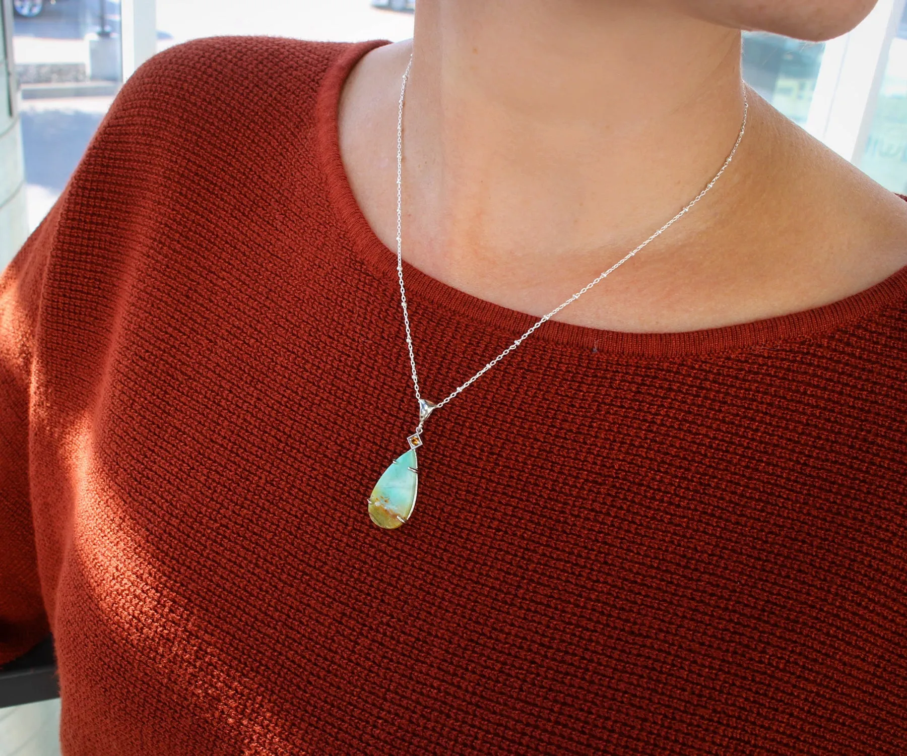 Beach Opal Petrified Wood Teardrop Necklace